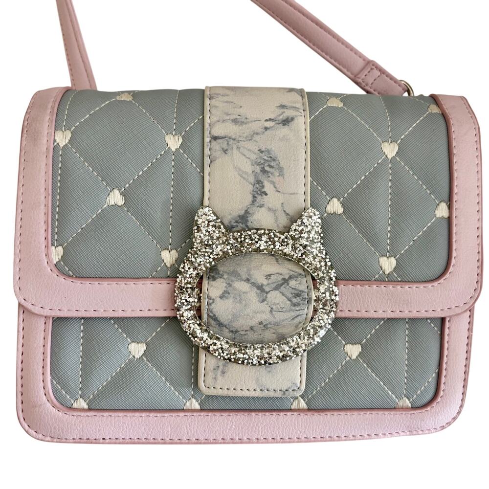 Betsey Johnson Quilted Embroidered Sparkly Cat Heart Handbag Purse Chain Glam